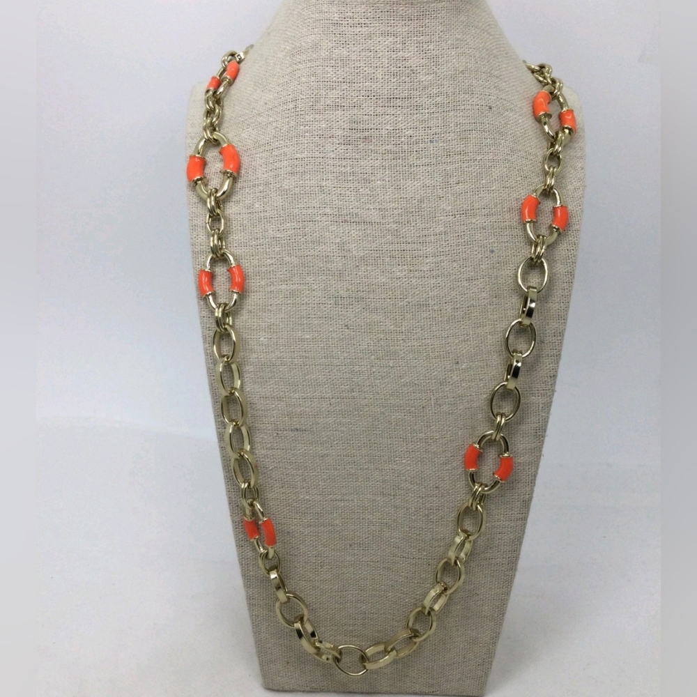 Banana Republic Orange Enamel Long Chain Link Necklace 30" EUC